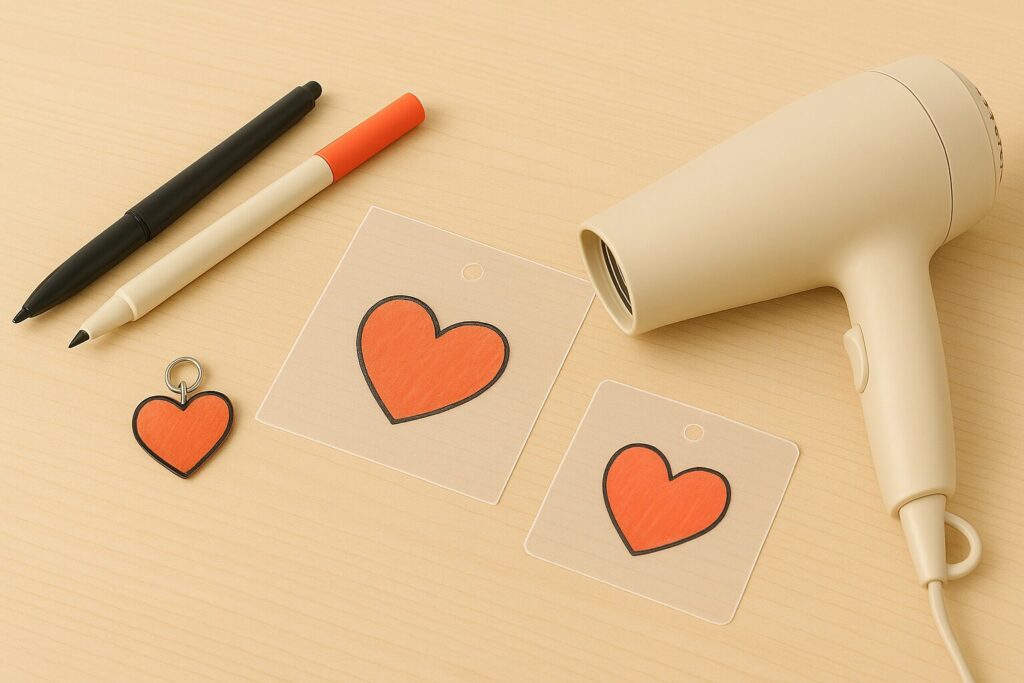 家庭用ドライヤーを使ってプラバンを加工する作業風景。ハート柄のプラ板とペン、完成したキーホルダーが机の上に並んでいる