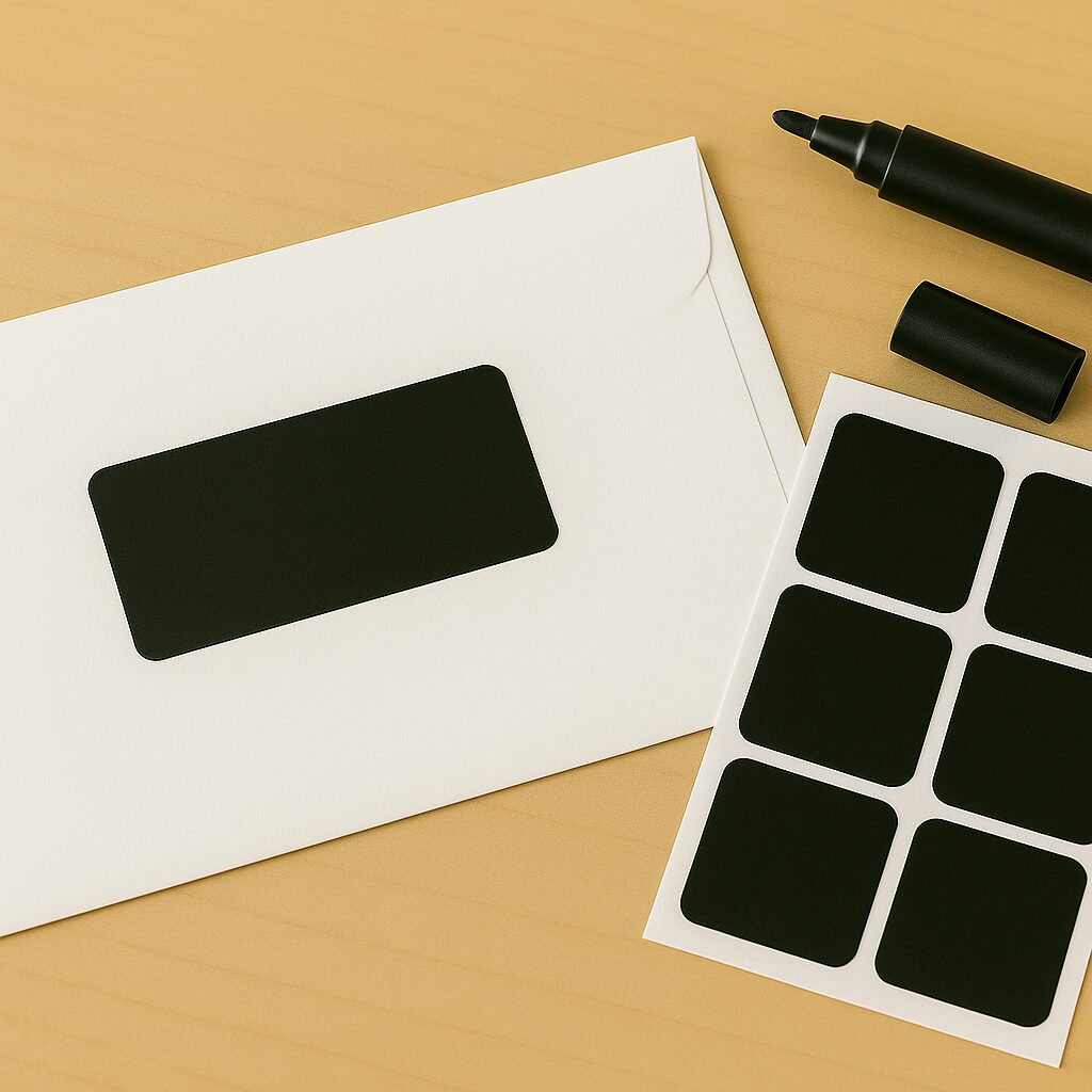 木目のテーブルの上に、黒い目隠しシールが貼られた白い封筒と、未使用のシールシート、黒のマーカーが並んでいる。プライバシー保護をイメージした、明るく整った雰囲気の写真。