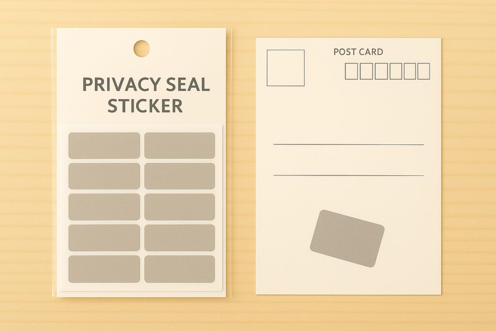 ハガキ目隠しシールとハガキが並べて置かれている。個人情報を保護するためのプライバシーシール