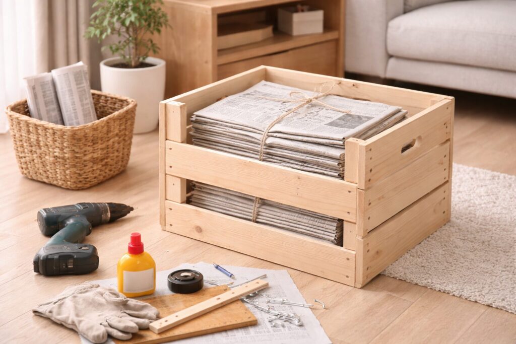 新聞をまとめて保管できるDIY木製収納ボックスと、制作に使う工具が並ぶ明るい室内の写真。