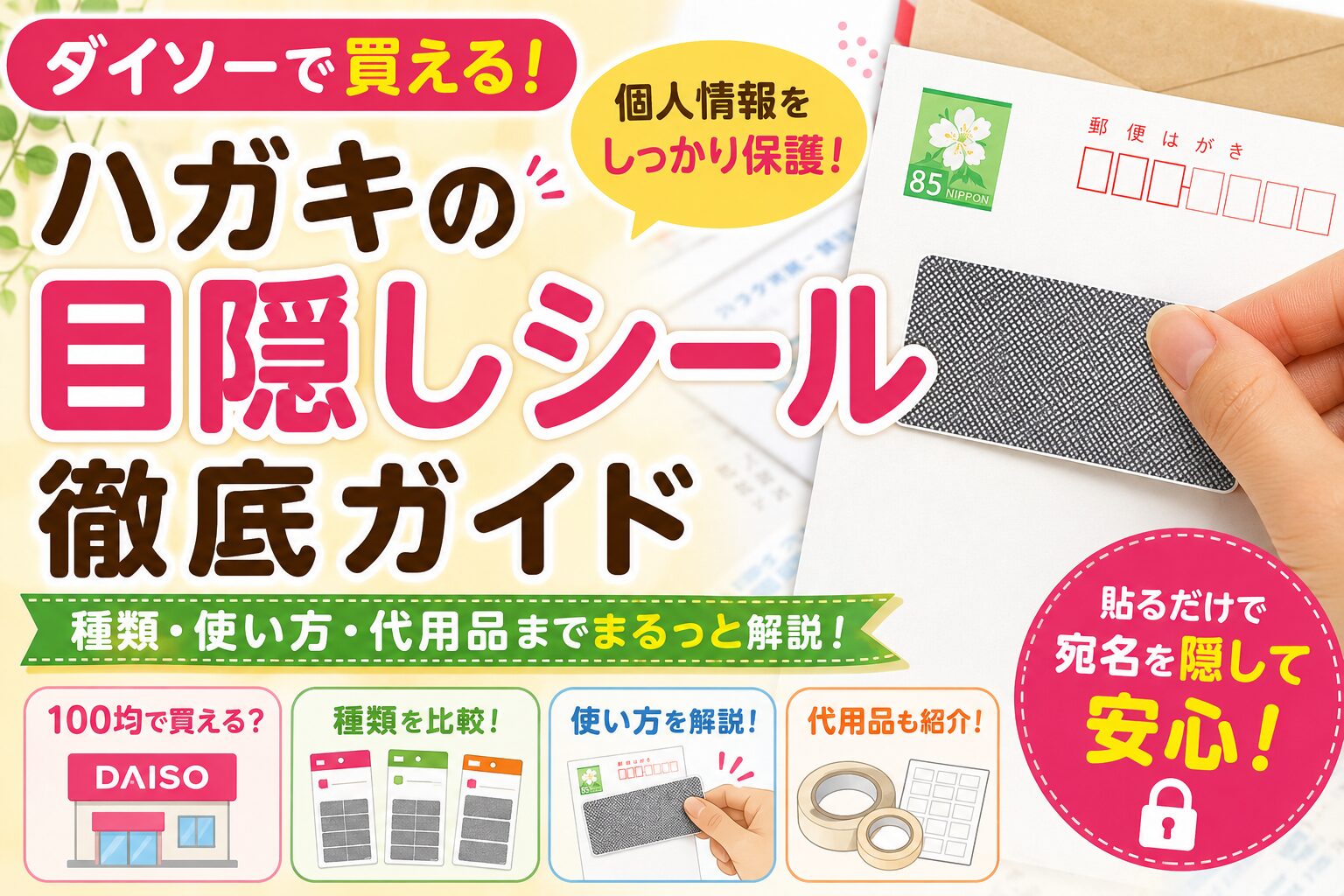 ダイソーで買えるハガキ用目隠しシールを紹介するアイキャッチ画像。個人情報保護シールをハガキに貼る様子や、100均・使い方・代用品情報を分かりやすくまとめたデザイン。