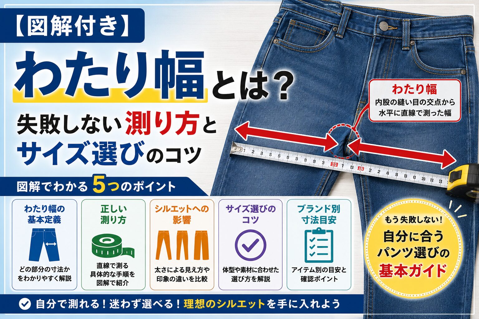 わたり幅の測り方を図解で解説したアイキャッチ画像。ジーンズを平置きし、股下の縫い目から水平に測る位置を赤い矢印で示しながら、失敗しないサイズ選びのコツを紹介しているデザイン。