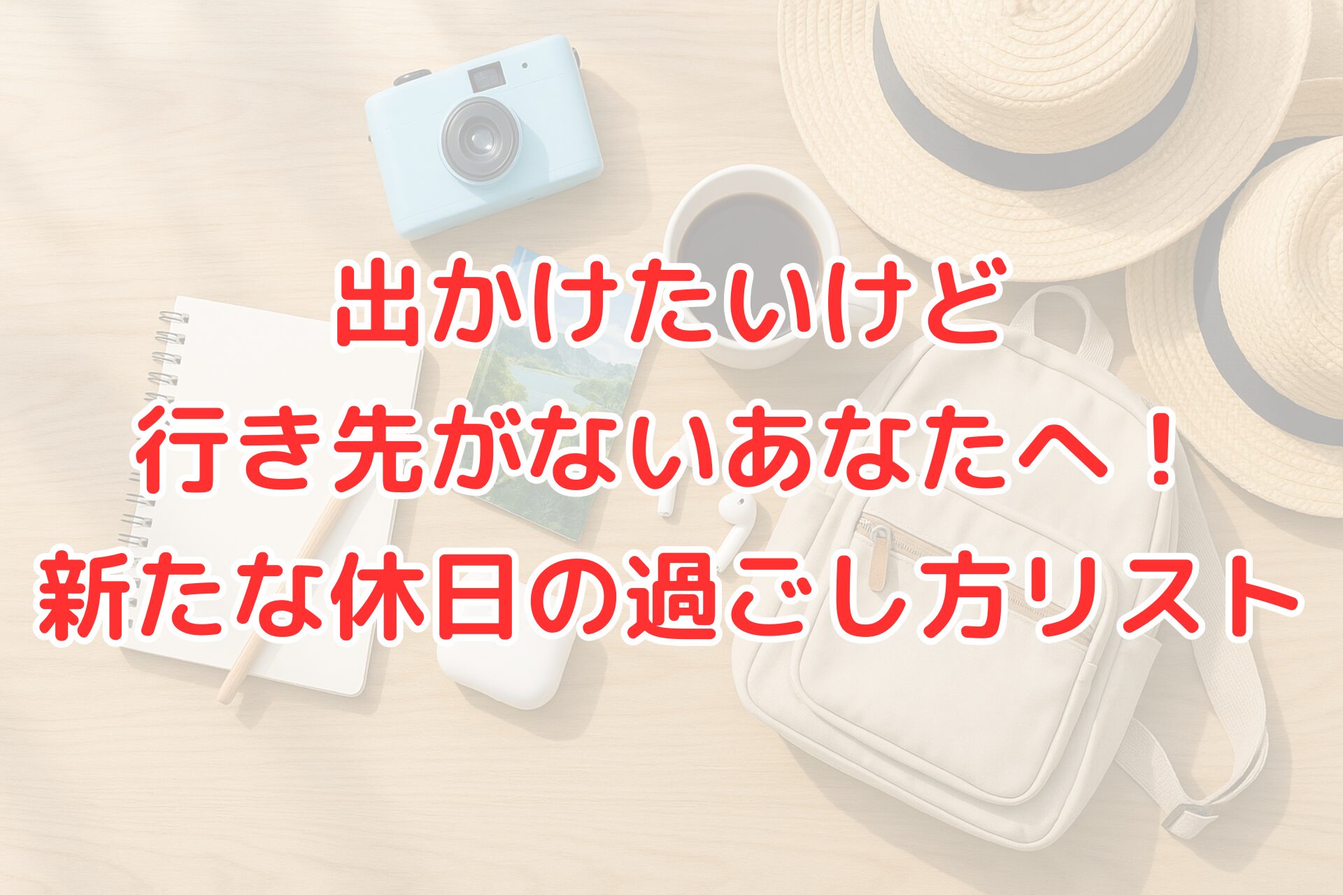ノートやカメラ、コーヒー、帽子、リュックが机に並べられた背景に、『出かけたいけど行き先がないあなたへ！新たな休日の過ごし方リスト』という赤文字のタイトルが中央に配置された画像