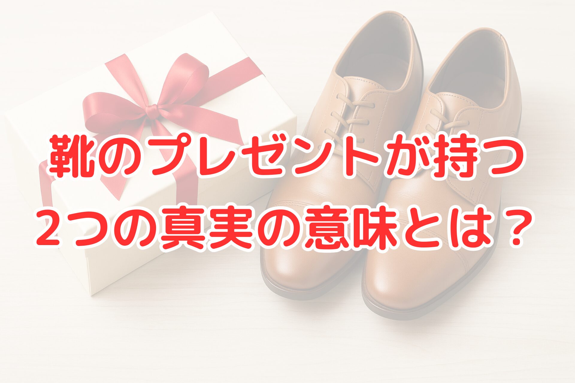 靴のプレゼントが持つ意味を解説する記事用アイキャッチ画像。茶色の革靴と赤いリボンのギフトボックスが並んで置かれている。