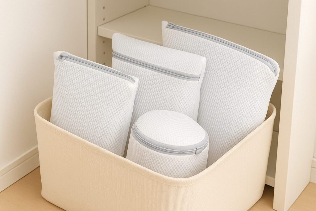 洗濯ネットをサイズ別に整理収納した白い収納ボックス