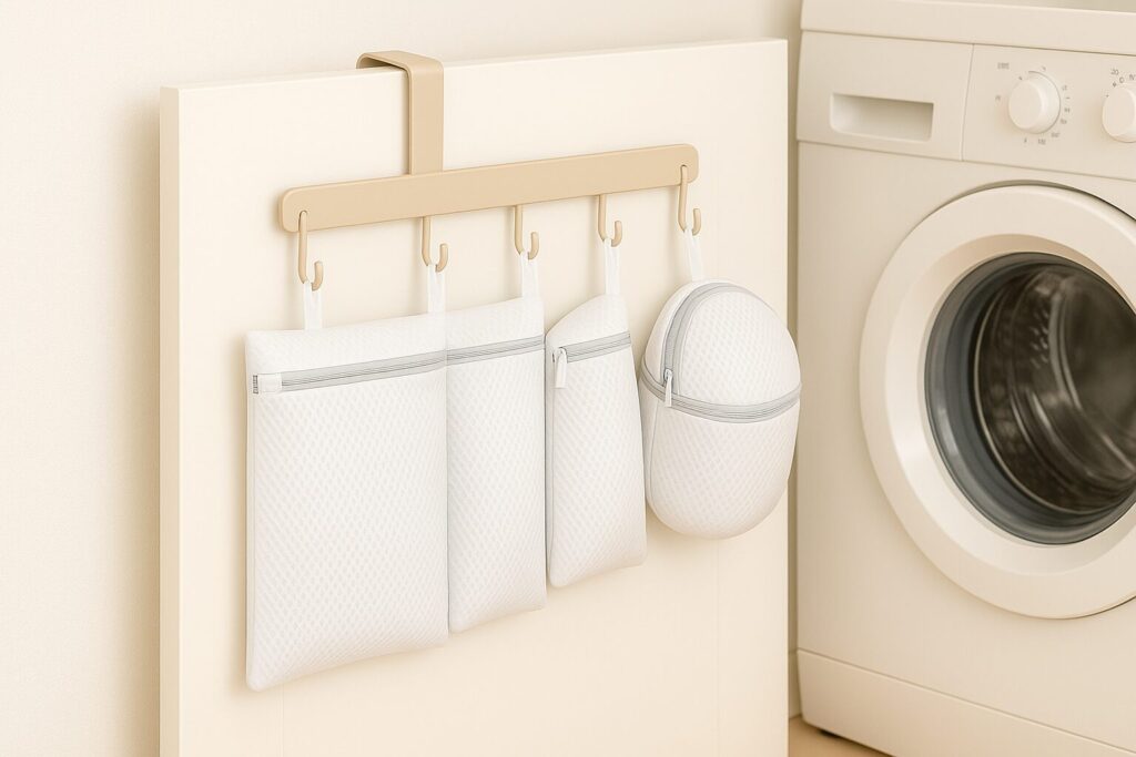 洗濯ネットを種類別に吊るして収納した実用的なアイデア。フック付きバーを使った省スペース収納例。