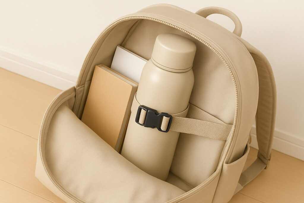 バックパックの中でストラップで固定された水筒とノート