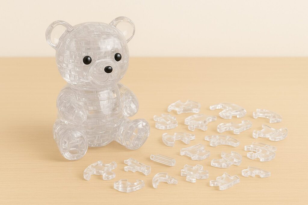 透明なクリスタルパズルのクマを組み立て中。完成したクマの隣に複数の透明ピースが並べられている。