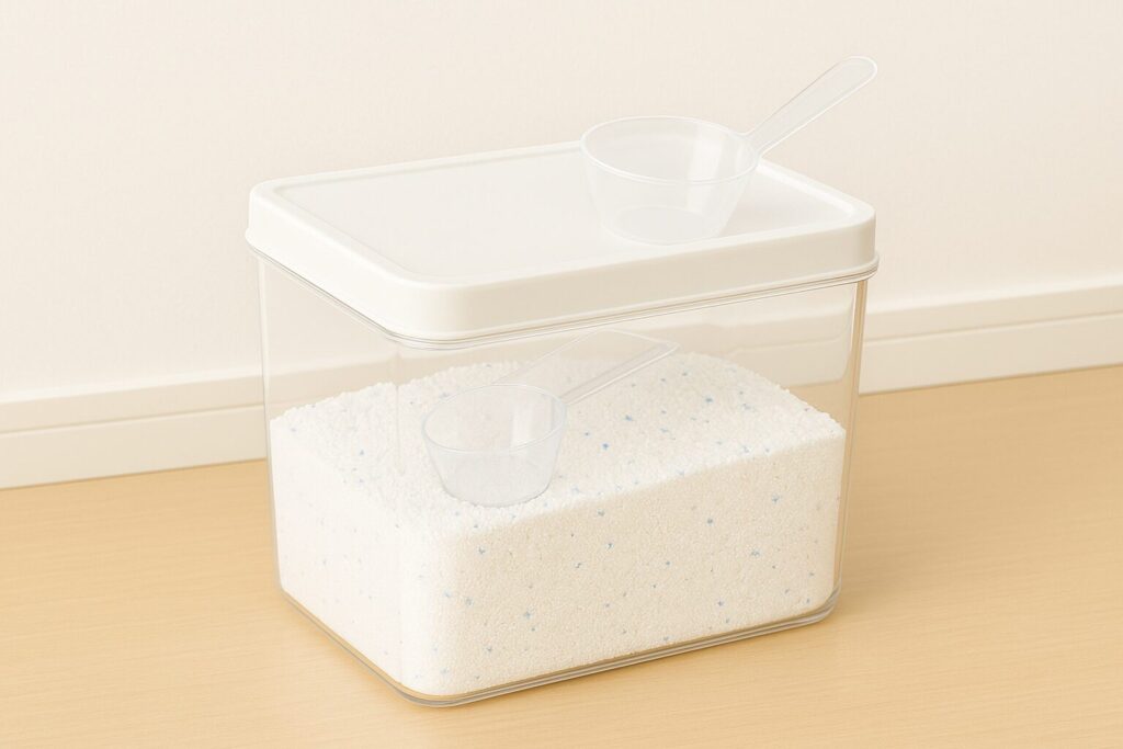 透明な容器に粉末洗剤が入れられており、上には計量用スプーンが2つ置かれている。