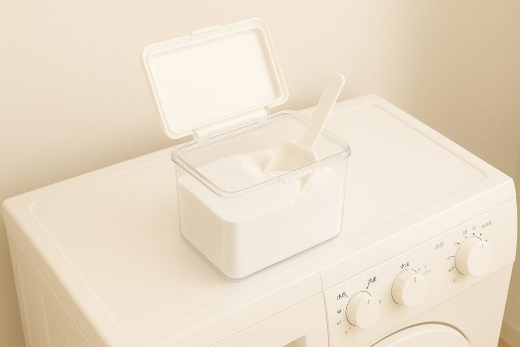 洗濯機の上に置かれた透明容器に粉末洗剤が入っており、白いスプーンが挿してある。