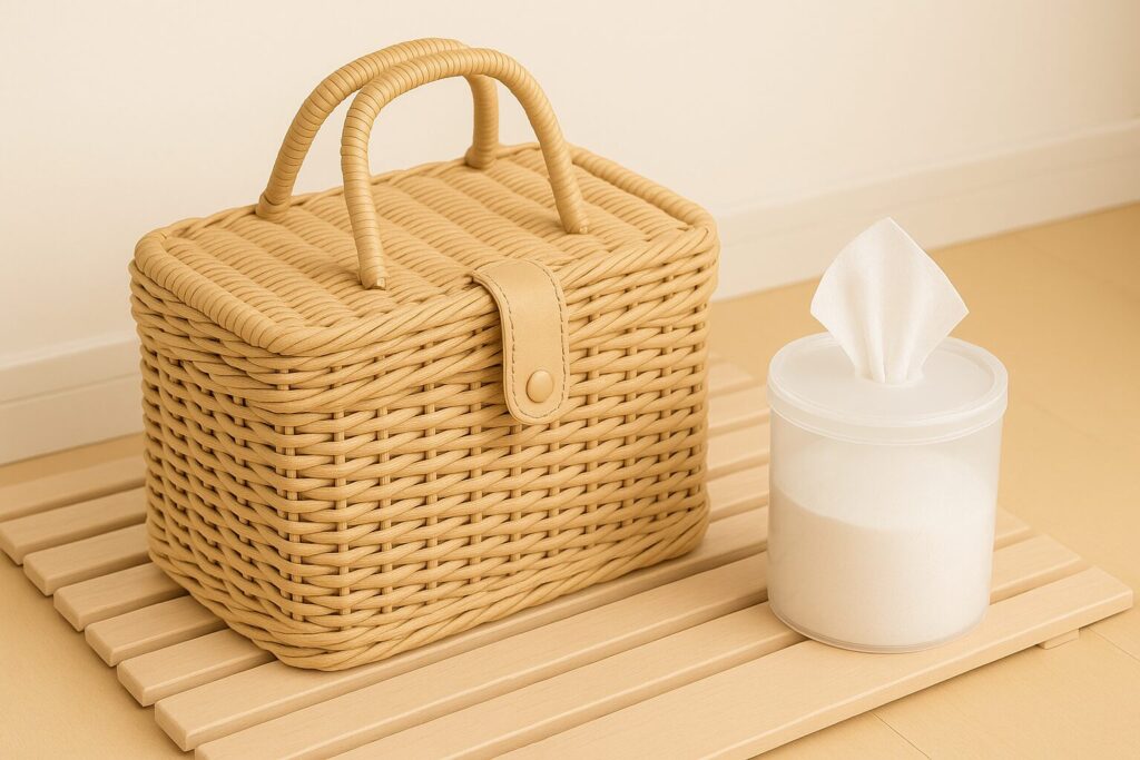 ピクニック用のかごバッグの隣に、おしぼりを入れた透明容器が置かれている。