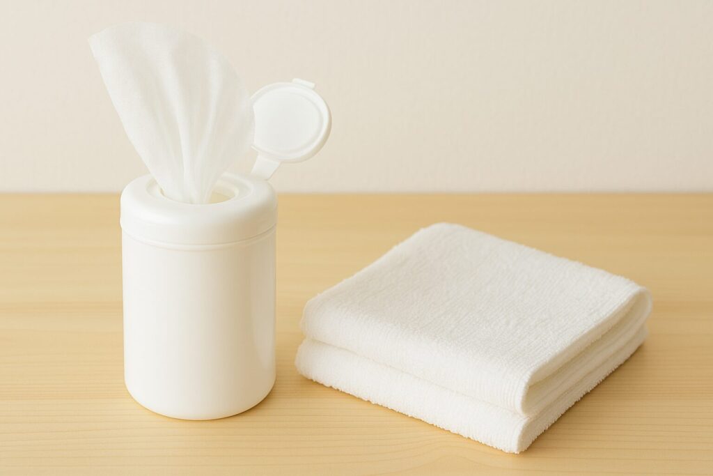 白いおしぼりケースから布おしぼりが出ており、隣に畳まれた清潔なタオルが置かれている。