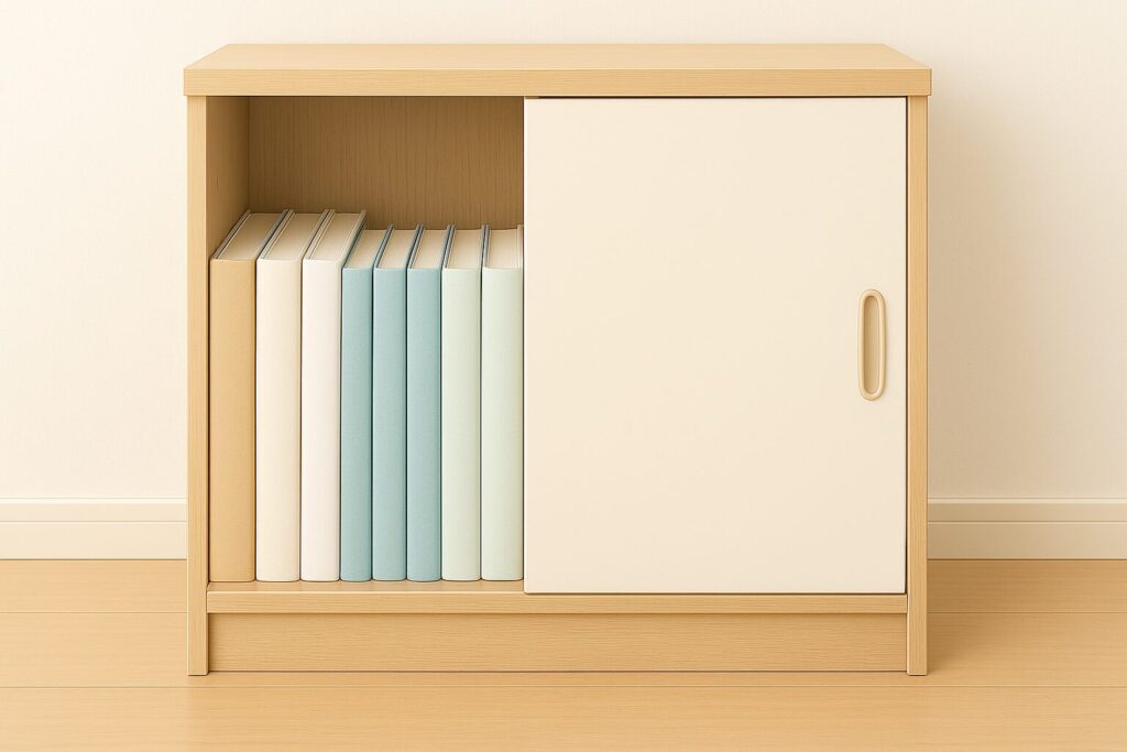 教科書を扉付き収納棚に整理して見せないように収納した様子