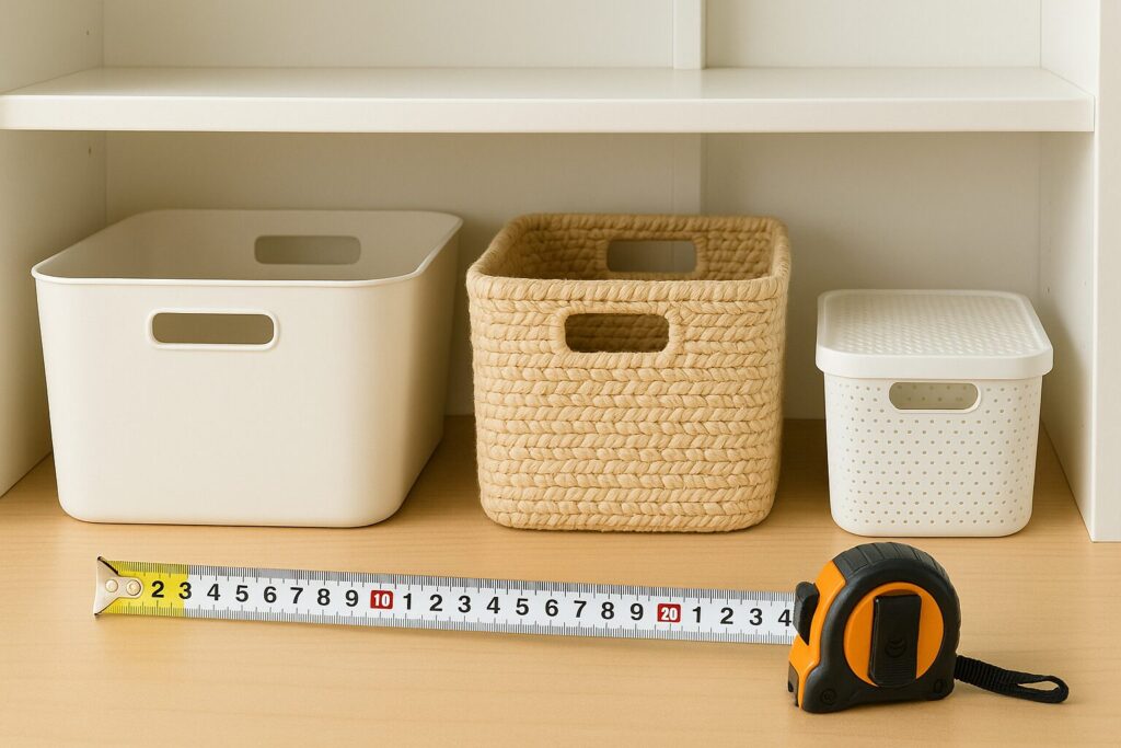 白い棚の上に、素材の異なる3種類の収納ボックスが並んでいる。左から白いプラスチック製、ベージュの編み込み素材、白いフタ付きのボックス。手前にはメジャーと黒とオレンジのメジャーケースが置かれている。明るく整った空間で、収納サイズを測っている様子。白い棚の上に、素材の異なる3種類の収納ボックスが並んでいる。左から白いプラスチック製、ベージュの編み込み素材、白いフタ付きのボックス。手前にはメジャーと黒とオレンジのメジャーケースが置かれている。明るく整った空間で、収納サイズを測っている様子。