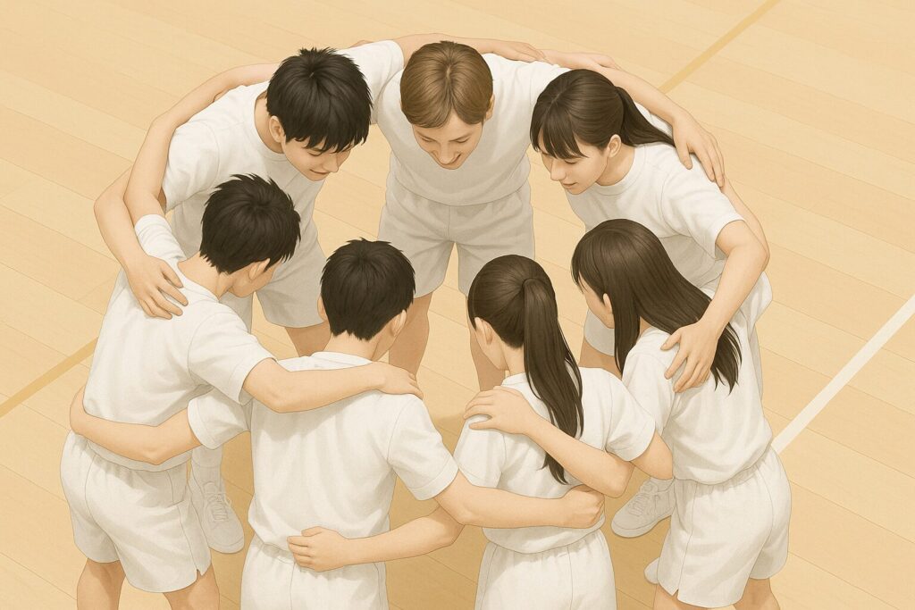 体育館で円陣を組み、肩を組んで掛け声を合わせる学生たち