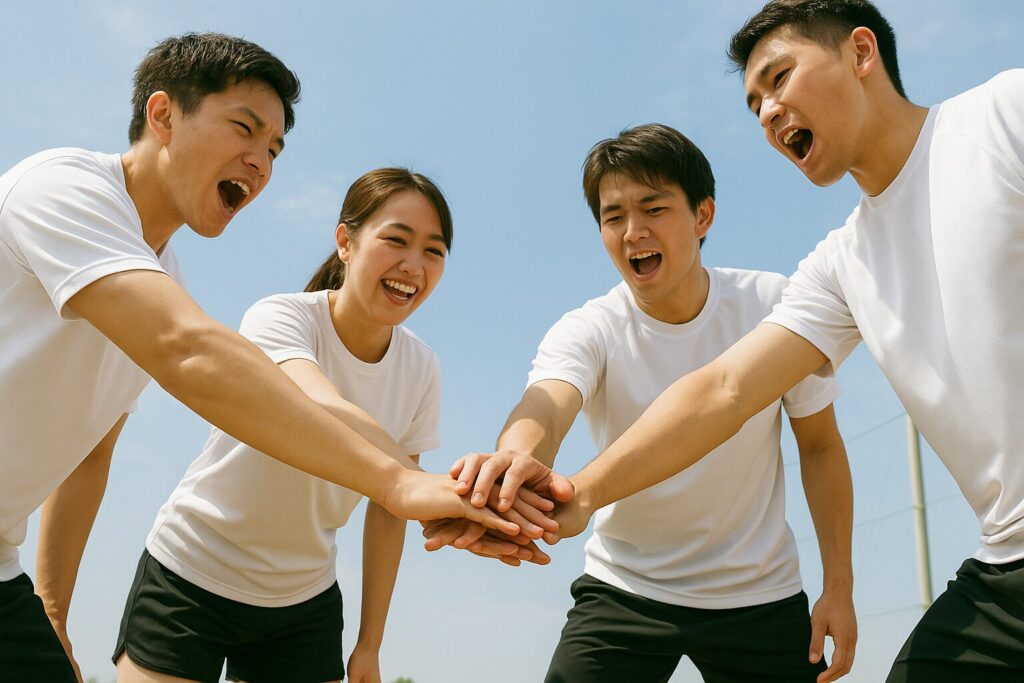 屋外のグラウンドで、白いシャツを着たチームのメンバーが円陣を組み、中央に手を重ねて気合を入れている。青空の下で笑顔と掛け声があふれる、チームワークを象徴する瞬間。