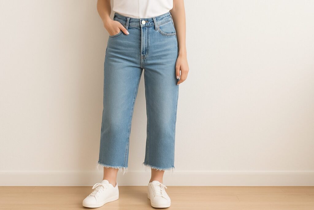 白い壁の前で、裾が切りっぱなしになったカットオフデニムを履いた人物が立っている。白いスニーカーと木目の床が映っている。