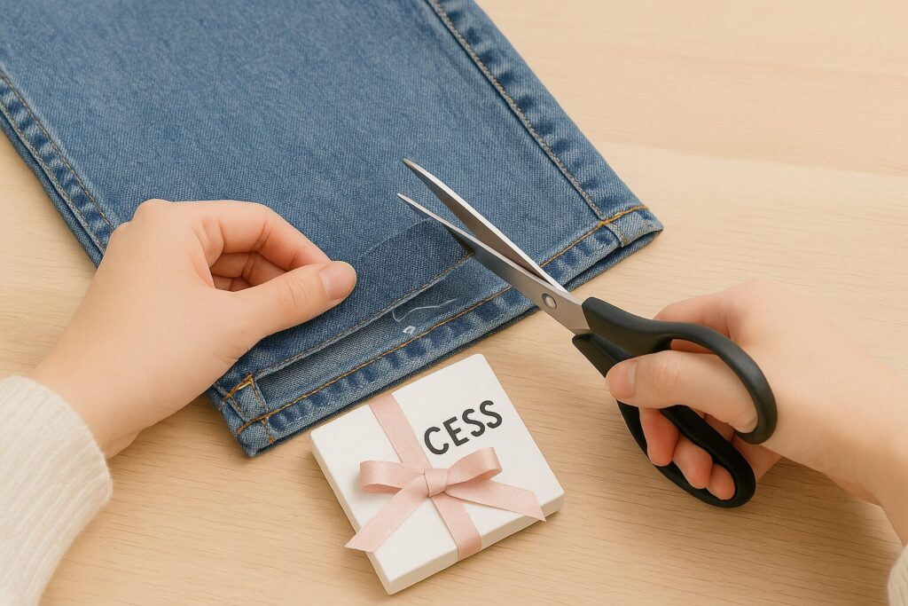 デニムジーンズの裾をハサミでカットしている手元のアップ写真。木目の台の上で、布を押さえながら丁寧に切っている様子が分かる。