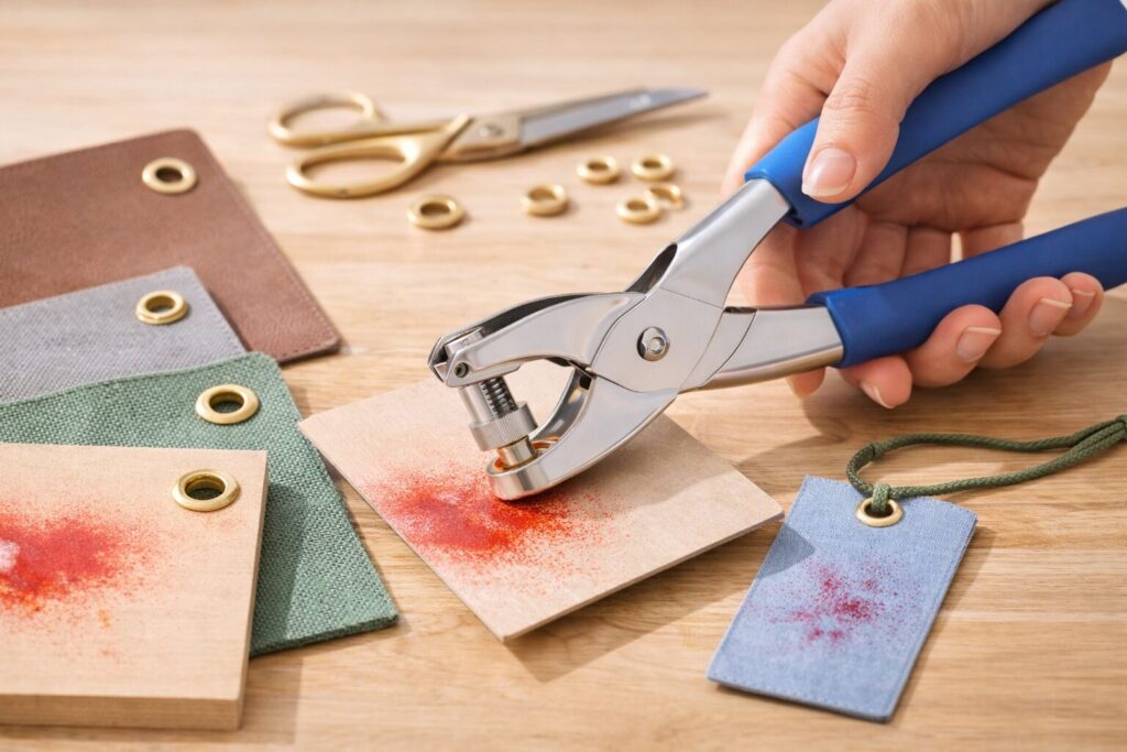 ハトメパンチの基本的な使い方を示した写真。紙・布・合皮素材にハトメ金具を取り付け、補強や装飾に使える機能と利点が分かる作業シーン。