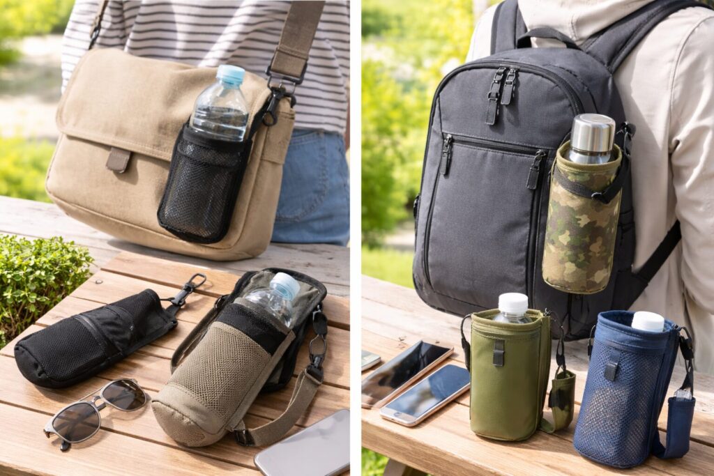 ショルダーバッグやリュックに後付けできるドリンクホルダーを装着した様子の写真風アイキャッチ画像。メッシュタイプや保温タイプのボトルホルダーにペットボトルや水筒を入れ、屋外ベンチで使用シーンを比較展示しており、バッグ用後付けドリンクホルダーの便利な取り付け方法と活用イメージが分かるビジュアル。
