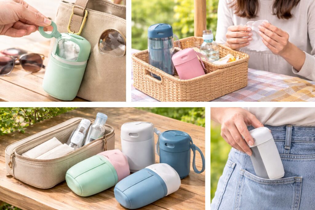 携帯用おしぼりケースを屋外シーンで使用している様子をまとめた写真風アイキャッチ画像。パステルカラーのコンパクトなウェットティッシュケースがバッグに装着されたり、ポケットに入れられたり、ピクニック中に手を拭く場面などが写っており、持ち運びに便利なおしぼりケースの使い方や活用シーンが分かりやすく伝わるビジュアル。