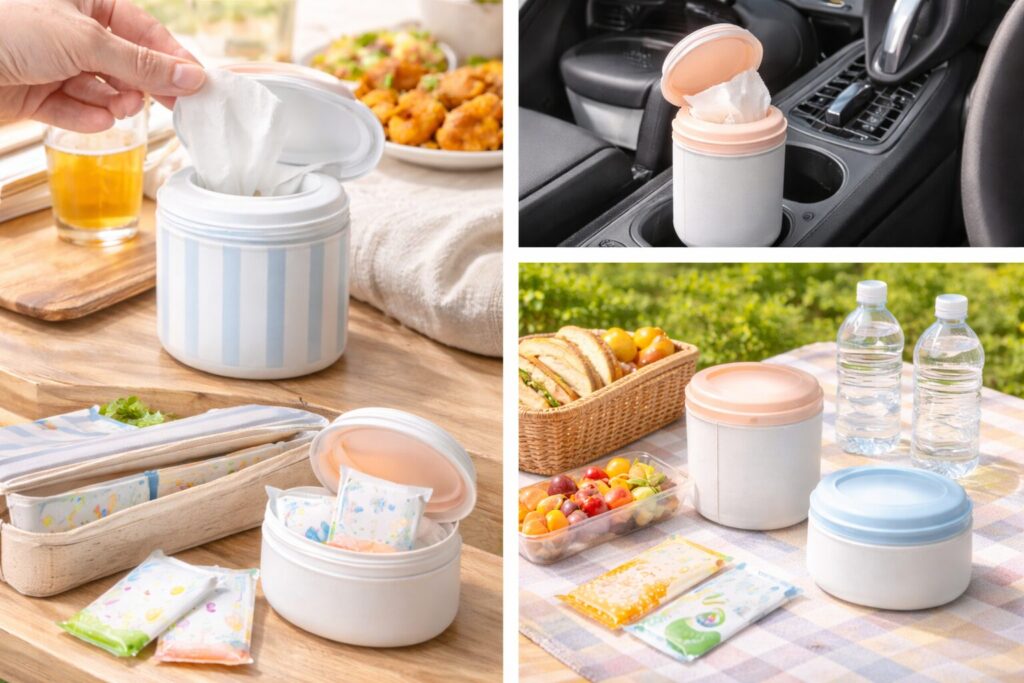 使い捨ておしぼりケースを日常のさまざまなシーンで使用している様子をまとめた写真風アイキャッチ画像。食事中のテーブルでおしぼりを取り出す場面、車のドリンクホルダーに置かれたケース、ピクニックセットと並ぶケースなどが写っており、外出先で便利に使える使い捨ておしぼりケースの活用シーンが分かりやすく伝わるビジュアル。