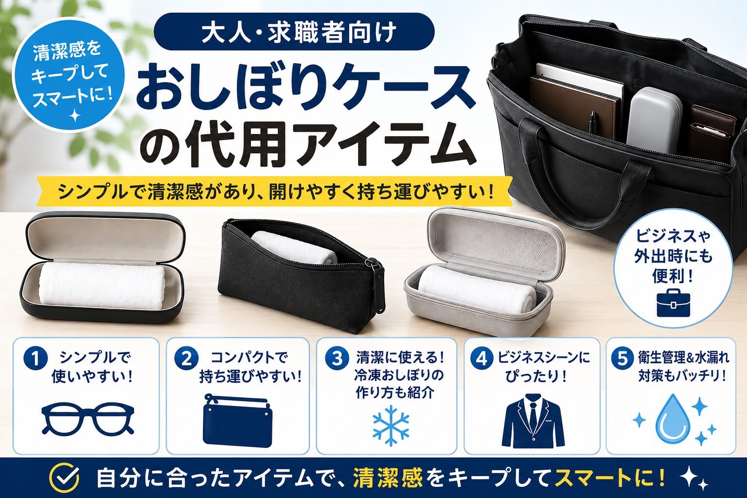 100均で使えるおしぼりケース代用品を紹介するアイキャッチ画像。メガネケース・ポーチ・EVAケース・ビジネスバッグ収納例を比較し、清潔感や持ち運びやすさを解説している。
