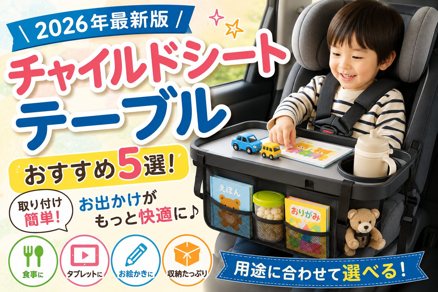 チャイルドシートテーブルおすすめ5選を紹介するアイキャッチ画像。車内のチャイルドシートに座る子どもがテーブルで遊んでおり、食事・タブレット視聴・お絵かき・収納に便利なチャイルドシートテーブルの特徴を紹介している。