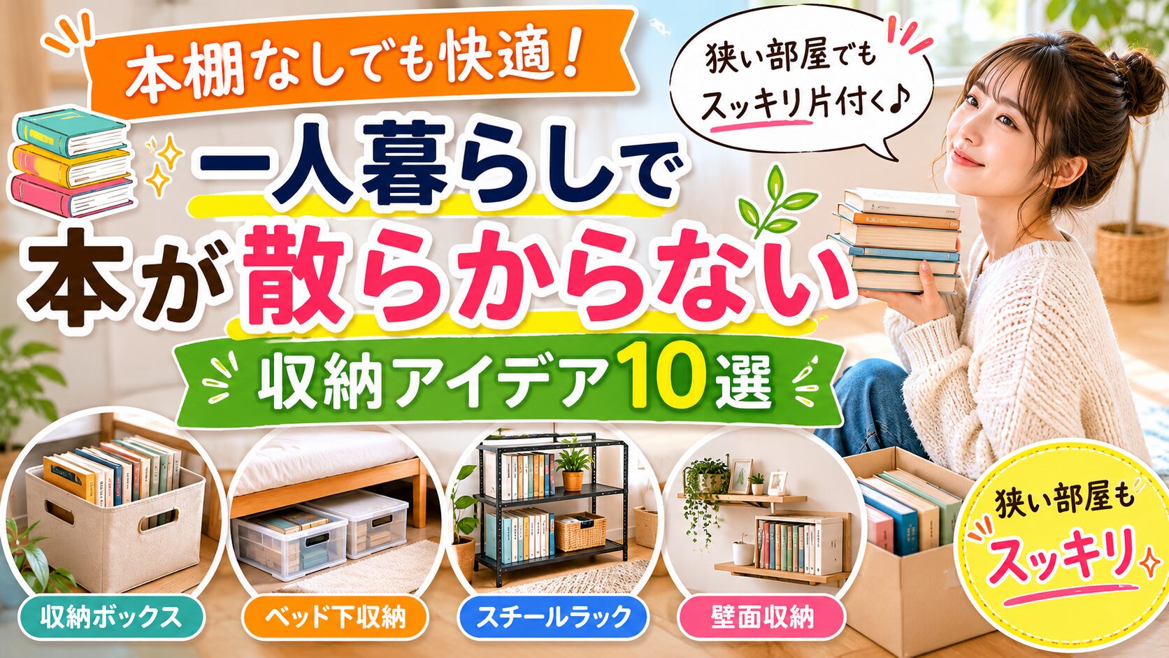 一人暮らし向けの本棚代わり収納アイデアを紹介するアイキャッチ画像。収納ボックス、ベッド下収納、スチールラック、ファイルボックスを活用して、本棚なしでも本が散らからない収納方法を解説している。狭い部屋でもスッキリ片付く様子をイメージしたデザイン。