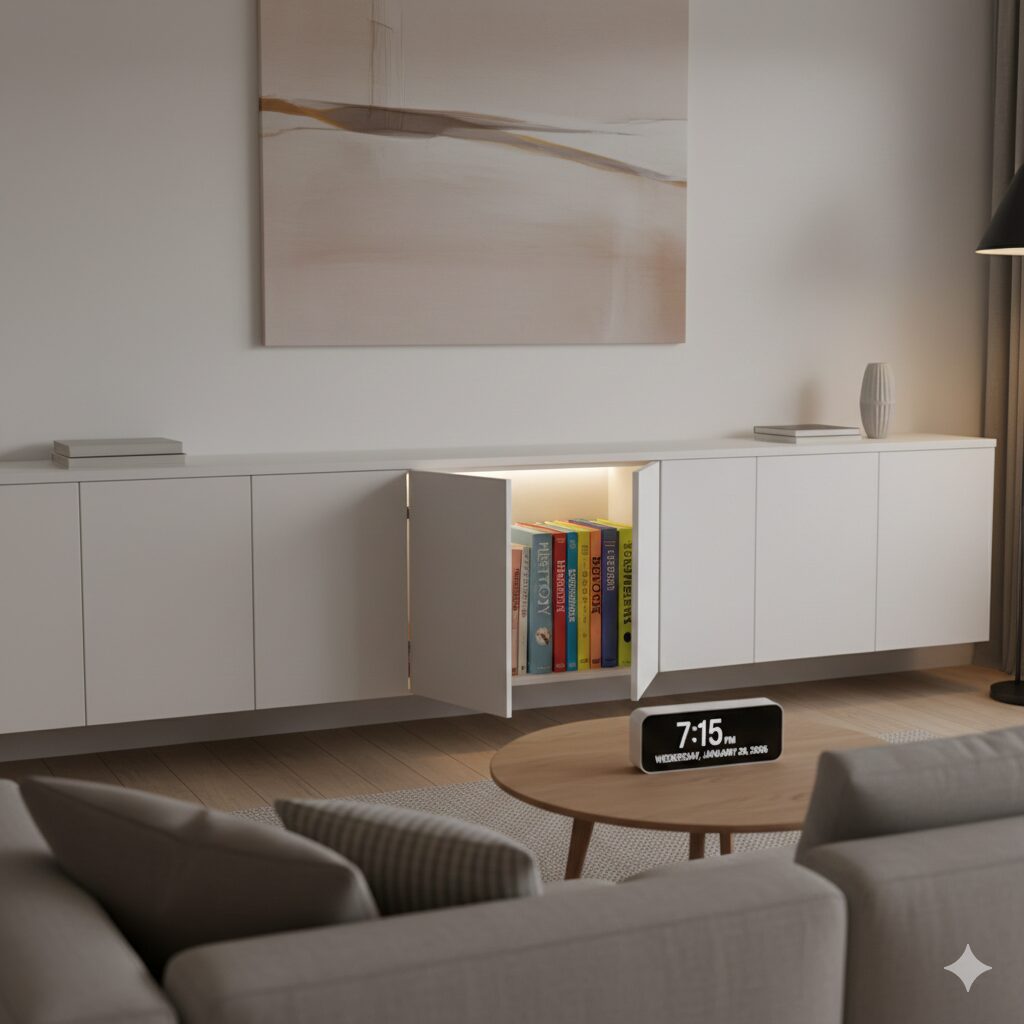 リビングの白いキャビネットを活用した「隠す収納」。扉を開けると照明に照らされた教科書が並ぶ、おしゃれで実用的なインテリアデザイン。