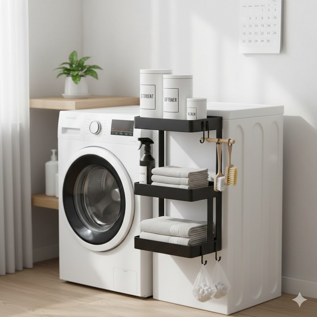 洗濯機の側面にマグネットで貼るだけで設置できる、黒い3段式のランドリーラック。洗剤ボトルから小物まで、隙間スペースをフル活用して一括収納している様子。