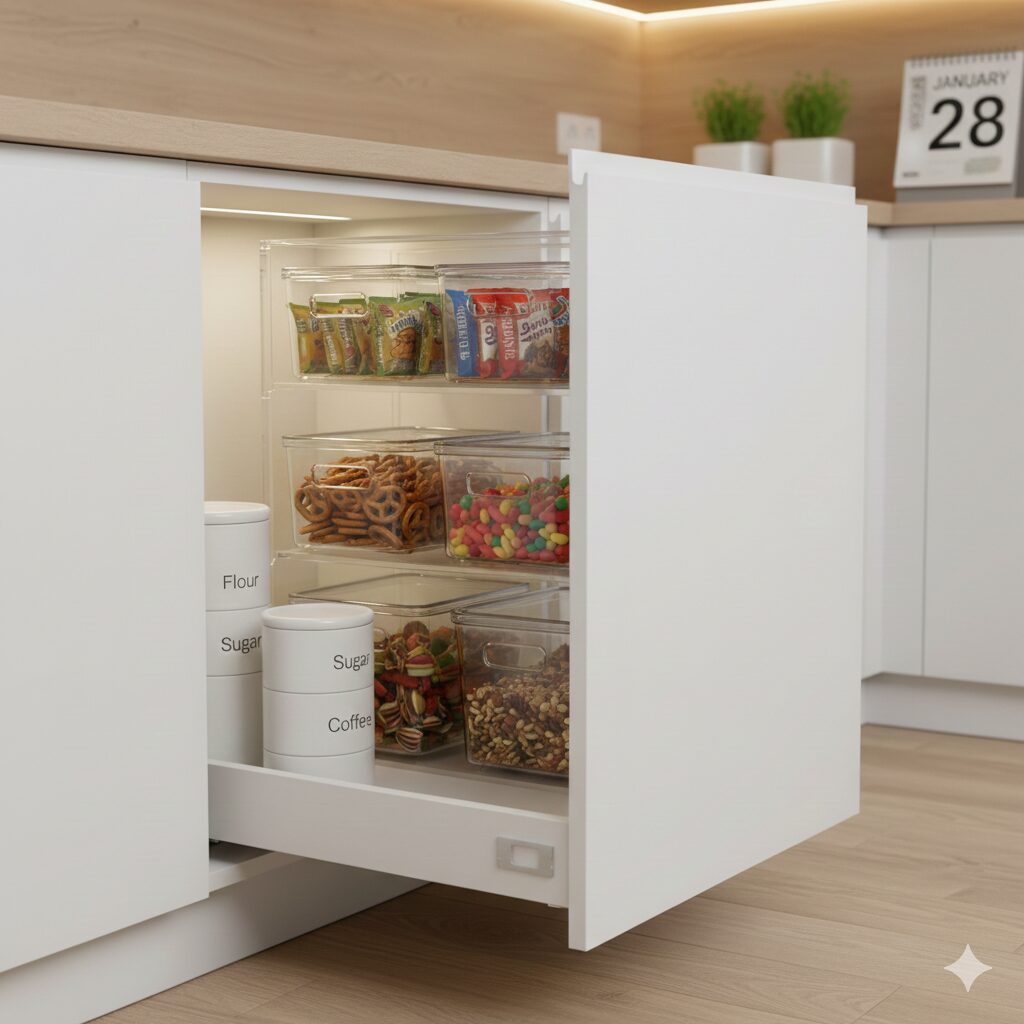 透明な積み重ねボックスとスタッキングキャニスターを活用し、キッチンの深い引き出しを2段に整理してデッドスペースをなくした収納アイデア。