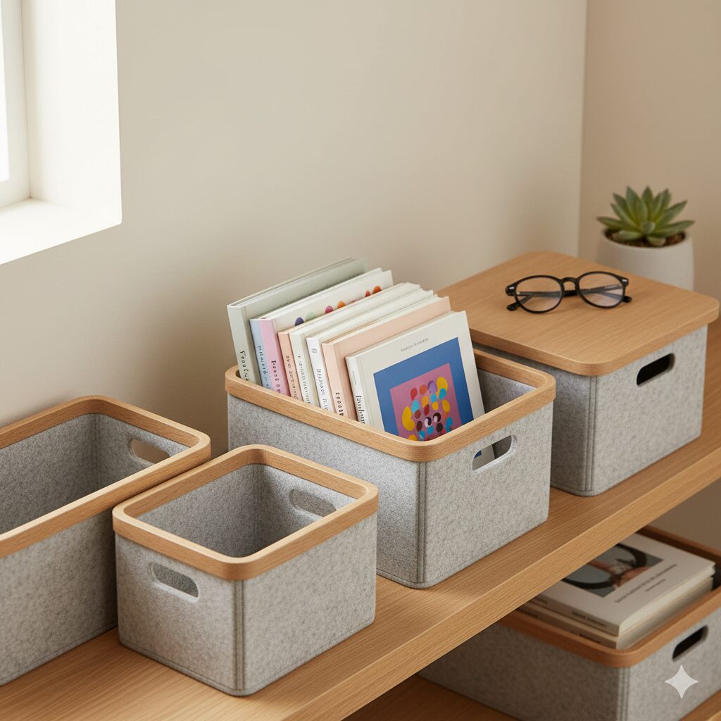 フェルトと木を組み合わせたナチュラルなデザインの書籍収納ボックス。棚の上で本を整理しつつ、インテリアとしても馴染む北欧風の収納アイデア。