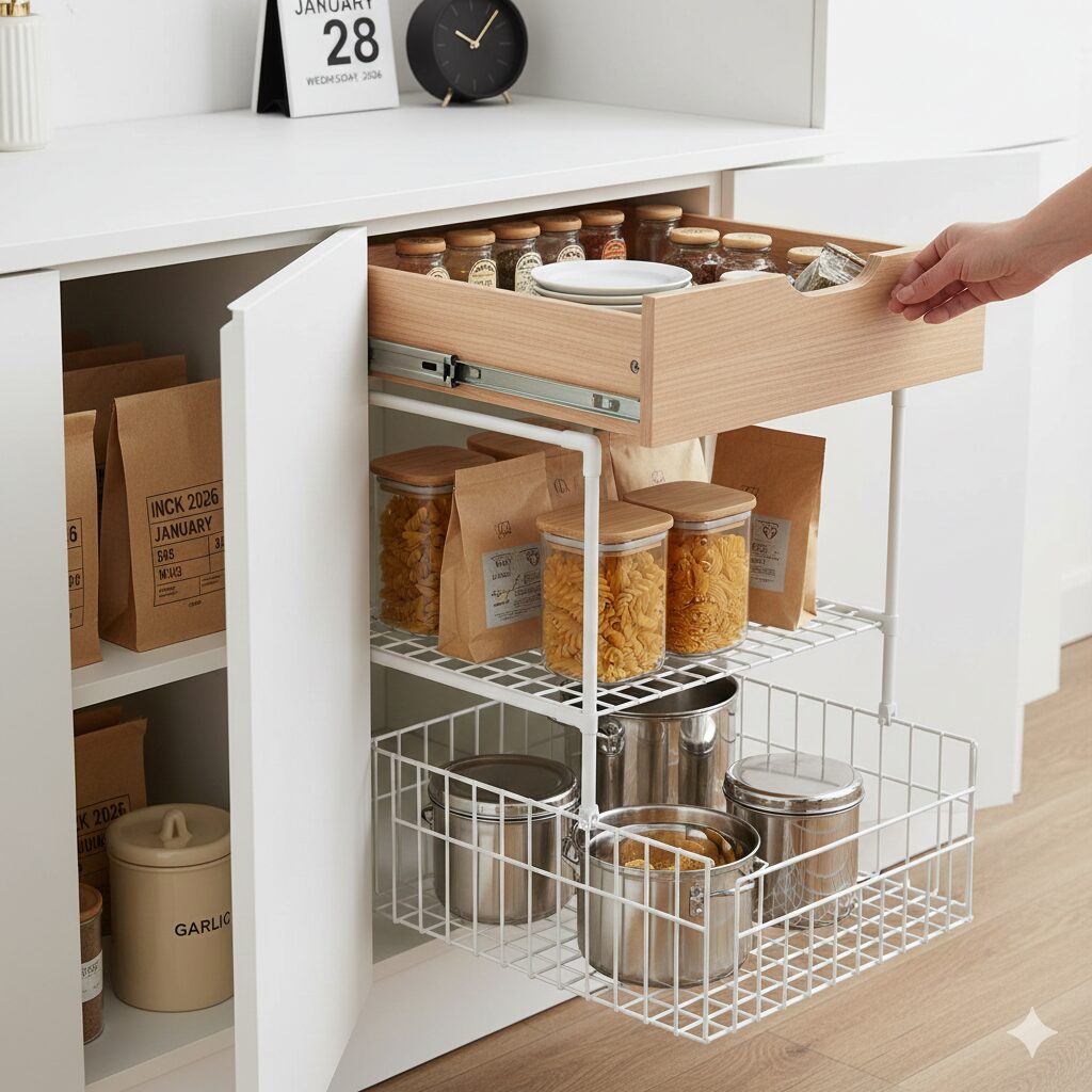 白いキッチンキャビネットの内部。デッドスペースを活用し、引き出しが上下2段に整理されている様子。上段は木製の引き出しで、調味料の小瓶や白い皿が収納されている。そのすぐ下に、白い突っ張り棒とワイヤーネットを組み合わせた中段の棚が作られ、パスタや乾物の袋が置かれている。最下段には、スライド式の白いワイヤーバスケットがあり、ステンレス製のキャニスターが収納されている。