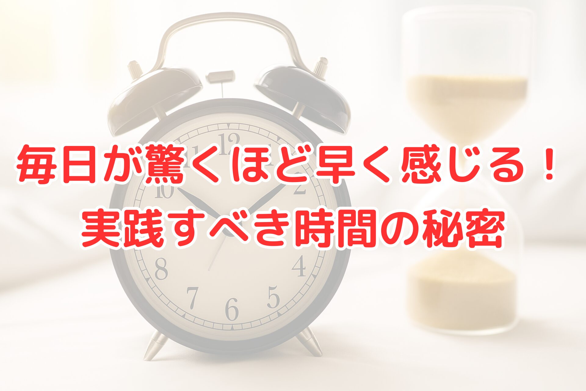目覚まし時計と砂時計が並ぶ背景に、赤い文字で『毎日が驚くほど早く感じる!実践すべき時間の秘密』と書かれたデザイン画像。時間の流れや日常のスピード感を表現したアイキャッチ。