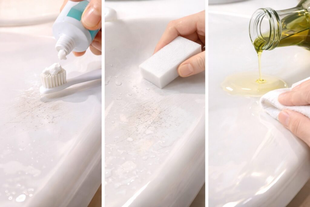 歯磨き粉・メラミンスポンジ・オリーブオイルを使ってプラスチックや洗面台の浅い傷を目立たなくする方法を比較した写真風アイキャッチ画像。研磨・こすり洗い・ツヤ出しの3つのケア方法を並べ、家庭でできる細かいスリ傷補修アイデアが分かりやすく伝わるビジュアル。