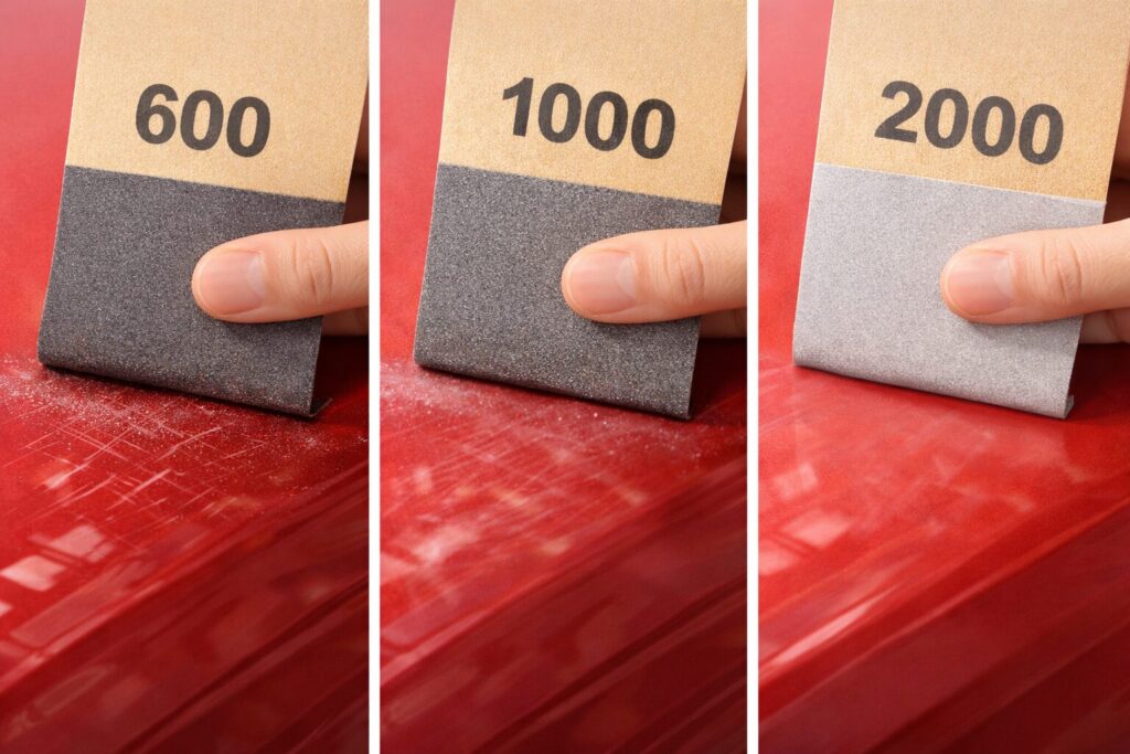 600番・1000番・2000番のサンドペーパーで赤い表面の傷を段階的に研磨している様子を比較した写真風アイキャッチ画像。粗い番手から細かい番手へと仕上げていく工程が分かり、サンドペーパーは数字が大きいほど目が細かいことや、傷の深さ別の使い分けが伝わるビジュアル。