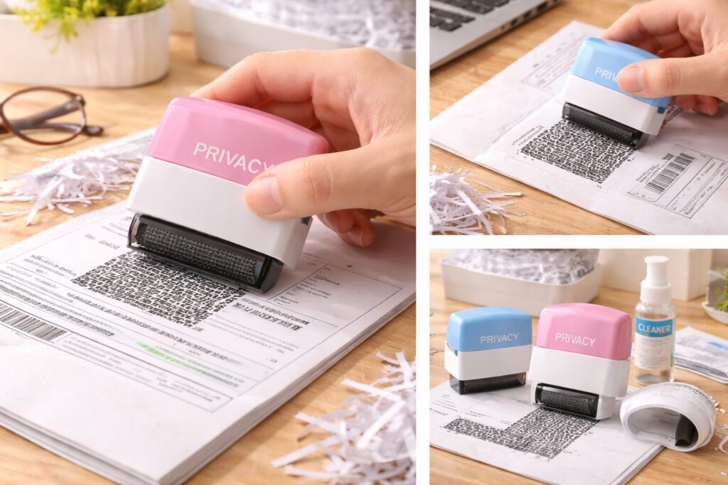 書類の個人情報部分にローラータイプの個人情報保護スタンプを転がして黒いパターンで隠している様子の写真。ピンクとブルーの「PRIVACY」スタンプ本体、デスク上の郵便物、シュレッダー紙くず、クリーナーボトルが写っており、家庭やオフィスで使える個人情報保護スタンプの活用シーンが分かるアイキャッチ画像。