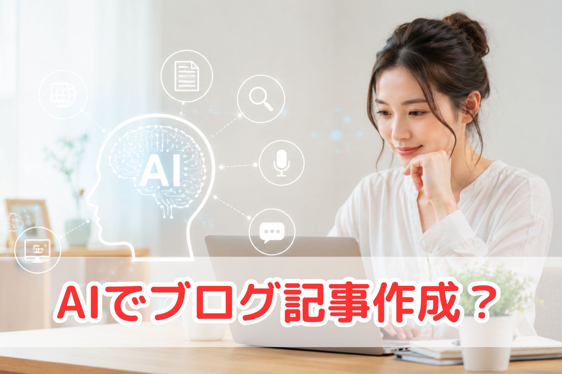 AIを使ったブログ記事作成をイメージした女性とノートパソコンのアイキャッチ画像