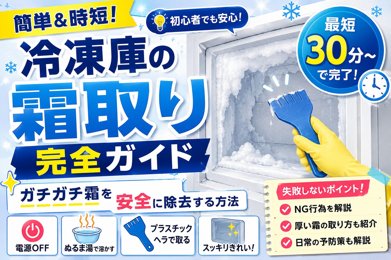 冷凍庫のガチガチ霜をプラスチックヘラで安全に除去する方法を解説したアイキャッチ画像。電源OFF・ぬるま湯・NG行為など、初心者向けの霜取り手順を図解で紹介。